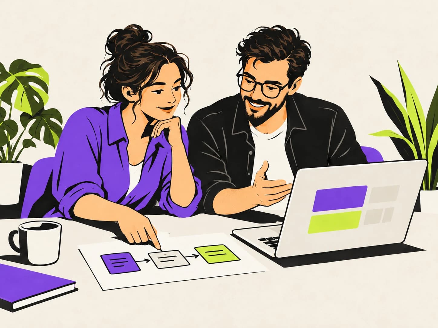 Illustratie van een ondernemer en bouwer die samen een werkproces en laptop bekijken.