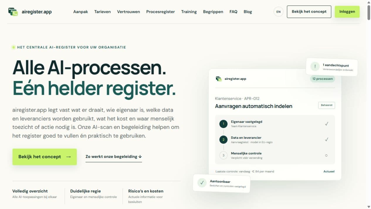 Openbare homepage van airegister.app